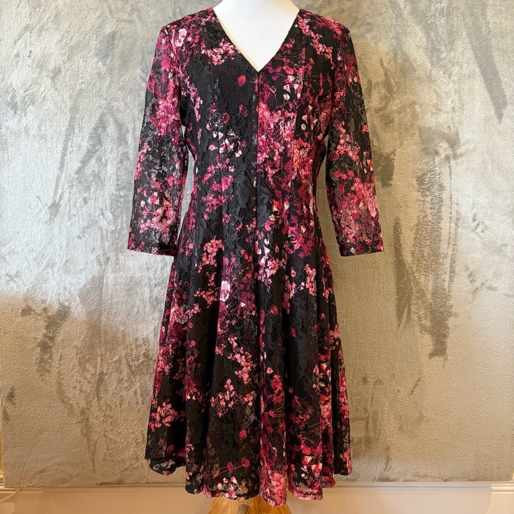 Dark Romantic Feminine Lace Floral Fit and Flare Cocktail Dress
